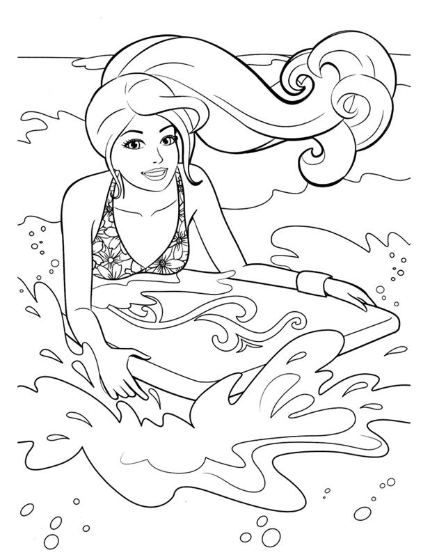 barbie uzun saç mayo çiçek deseni sörf dalga deniz tatili yaz kız için çizim boyama terapisi çizim yaz plajı