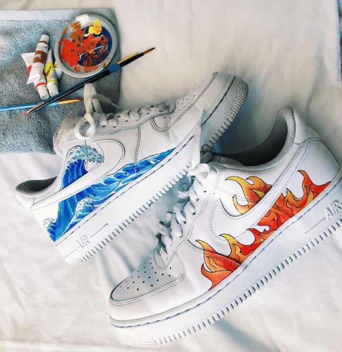 Valovi in ​​ognjena barva za čevlje, kako prilagoditi čevlje, slikanje v slogu hokusai na beli košarki nike air force 1