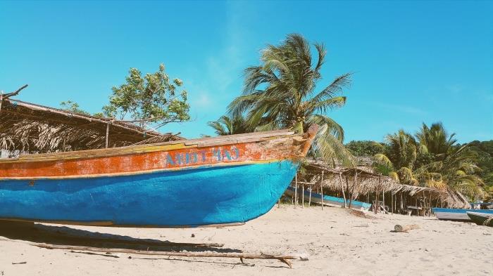nemokami paplūdimio tapetai, ekrano nuotraukos idėja su auksinio smėlio paplūdimiu ir turkio spalvos valtimi su palmių fonu
