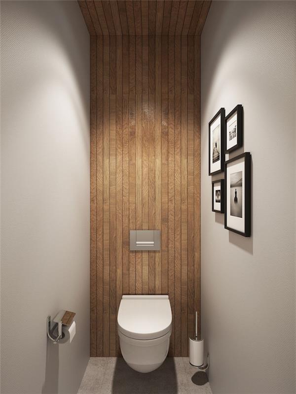 oblikovalski dekor WC -ja s sivimi voskanimi betonskimi stenami in lesenim parketnim zidom visečih stranišč