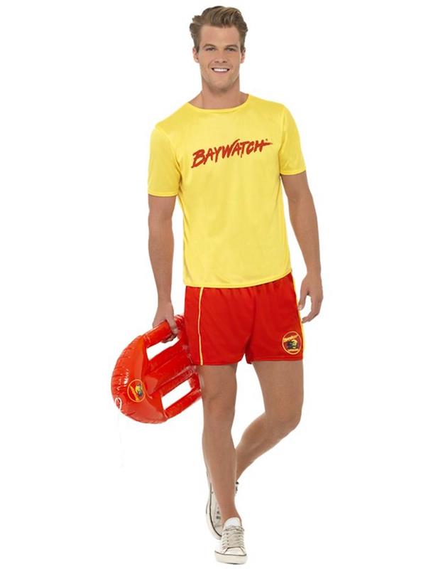 Baywatch erkek kostümü, 90'ların ikonik dizi görünümü, kırmızı şort ve sarı tişört, 20. yüzyılın kült film kostümü için fikir