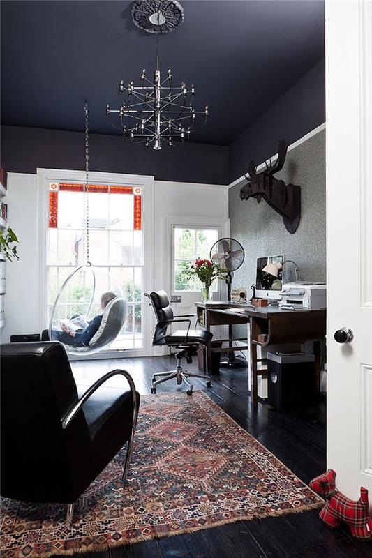 güzel ev tasarımı oryantal halı siyah koltuk deri yumurta salıncak en iyi boya siyah tavan renkleri nasıl birleştirir