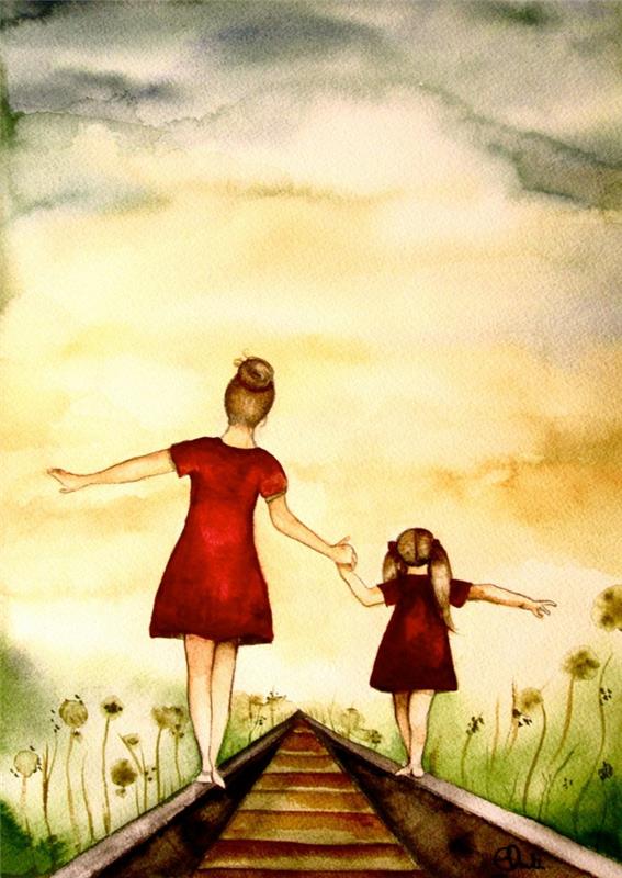 Mama ir vaikas gamtoje vaikšto raudonomis suknelėmis, Motinos dienos dovana, originalūs Motinos dienos įvaizdžiai