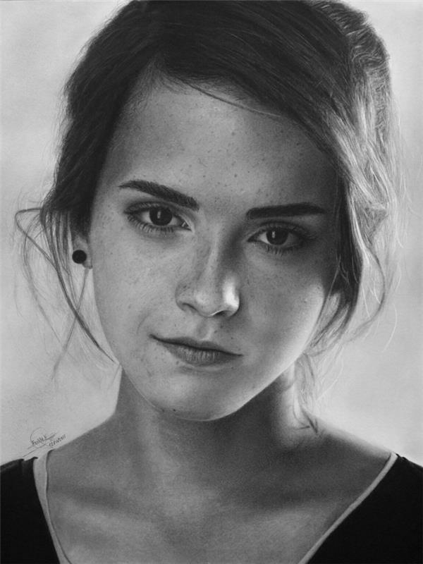 Karakalem çizimi, kağıt üzerinde kendini yeniden oluşturması zor portre çizimi, Emma Watson karakalem portre