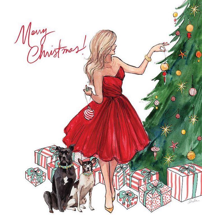 Mutlu Noeller kartı çizilmiş, straplez kırmızı elbiseli kız, Noel ağacı dekoratif süsler, Yeni başlayanlar için Noel Baba çizimi, kolayca çizmeyi öğren