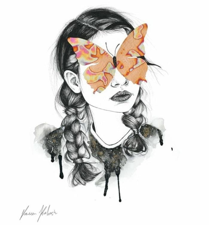 Mergina su pynėmis ir drugelis akims, piešianti drugelį, debiutuoja piešdama, imituodama paveikslą
