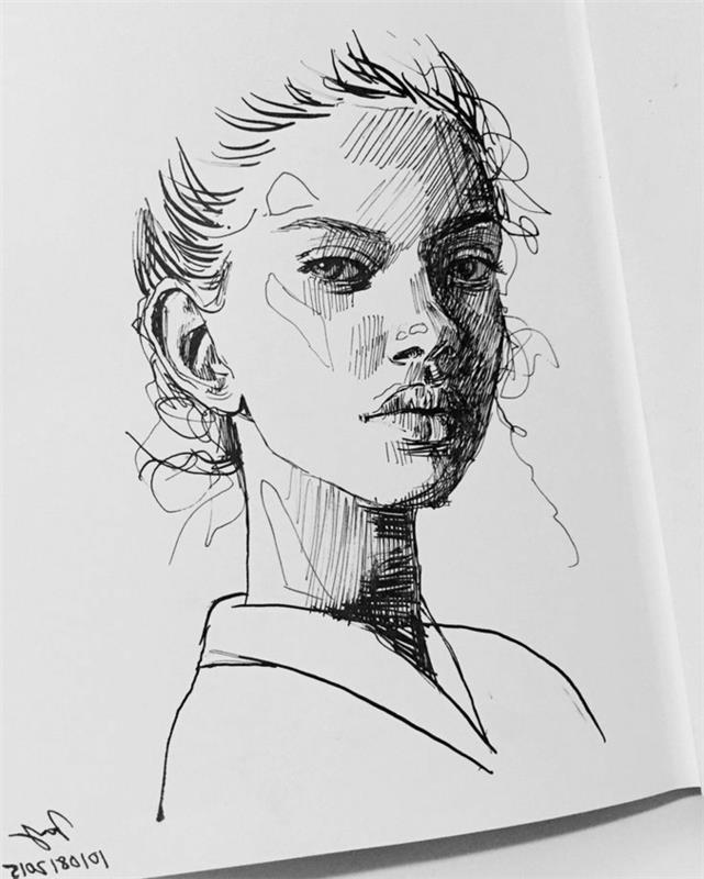 Siyah beyaz kız çizimi iyi çizilmiş çizim aferin resim çizim kadın siyah kalem beyaz kağıt üzerinde çizim