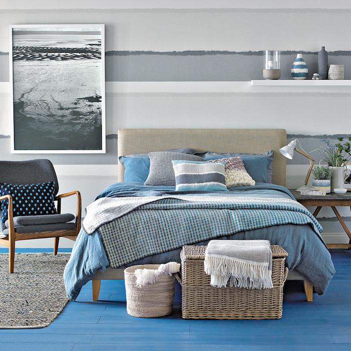 Modre in sive barve spalnice oceana, siva barva na steni, sodoben dekor spalnice, kako opremiti svojo spalnico