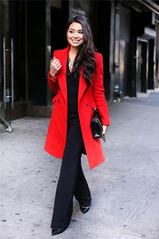 lepota-in-moda-dobro oblečena-pozimi-ideje-ženske-videti-veličastna-rdeča jakna-dolg-rdeč-plašč