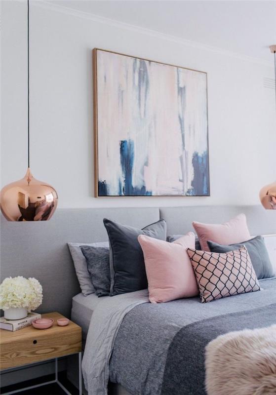 Siva, roza in modra dekoracija spalnice, združenje sive barve, ideja za oblikovanje spalnice