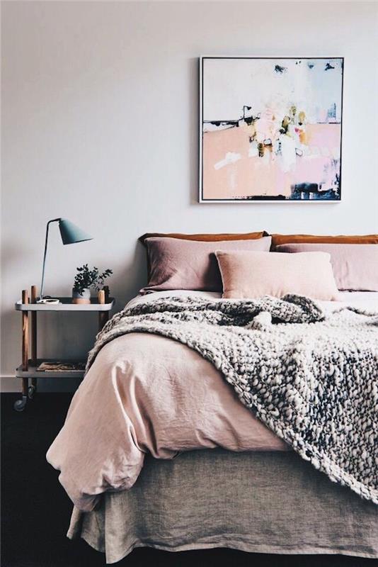Toz pembe yatak odası dekorasyonu pembe ve beyaz yatak odası yetişkin yatak odası dekoru soyut resim duvar