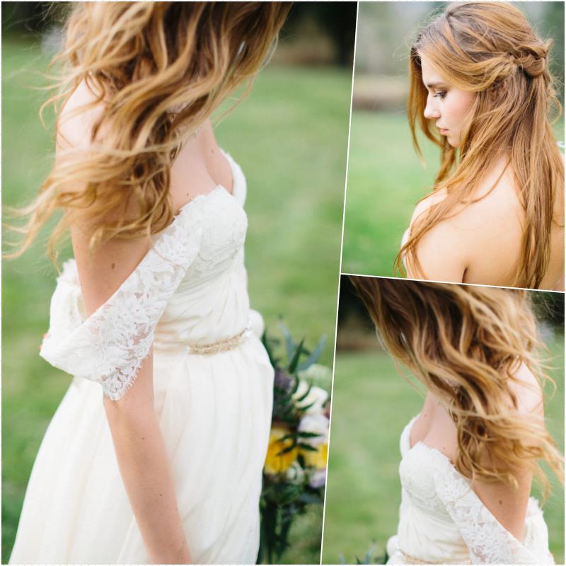 Hangi bohem düğün saç modeli, sade ve şık bir saç modeli ve çıplak omuzlu straplez beyaz dantel gelinliğin ilk günü için en iyi fikir
