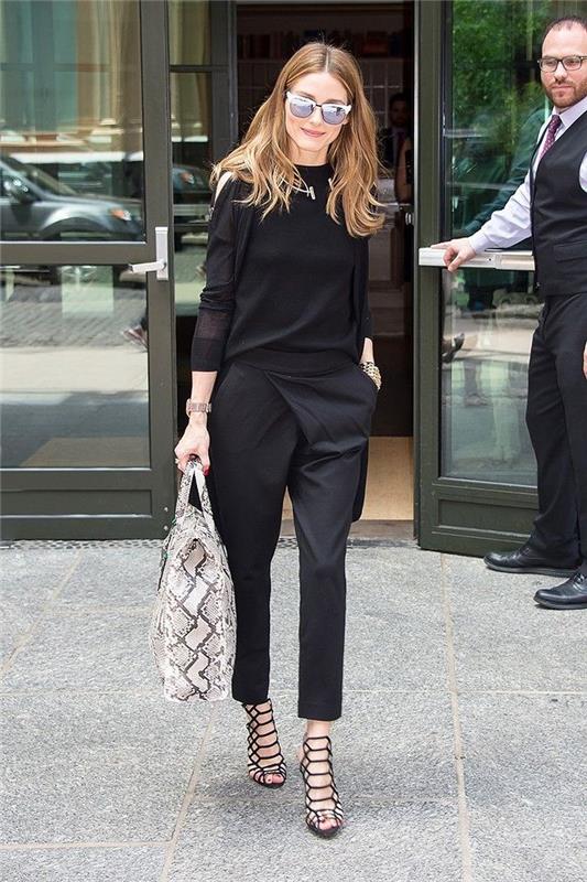 Ideja o obleki Olivie Palermo, ženske črne hlače z visokim pasom, dobro oblečene ženske hlače s tekom, črni pulover in črne hlače