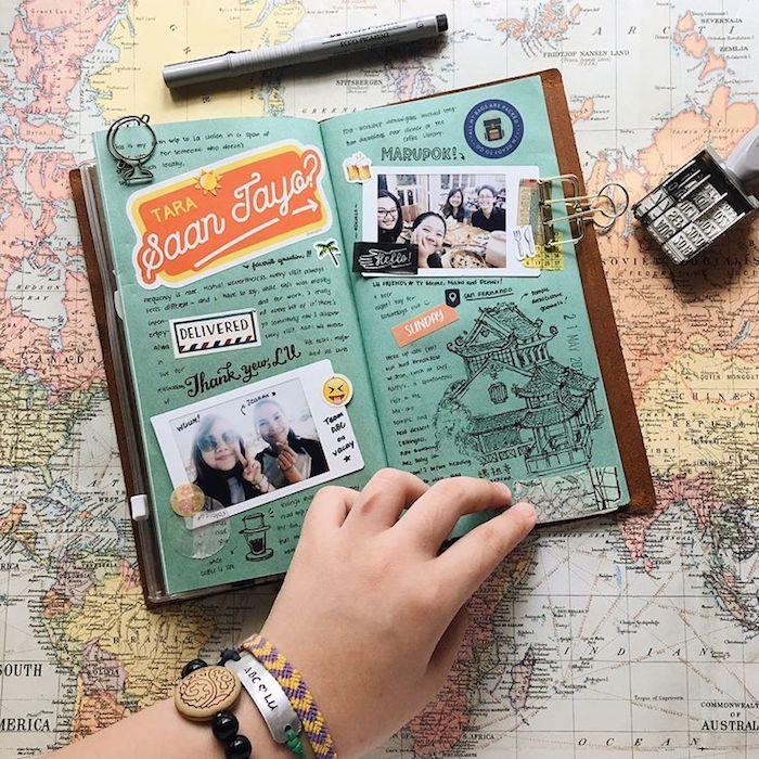 Ranka su apyrankėmis, užrašų knygelės kūrimas, nuotraukų albumo „scrapbooking“, pasaulio žemėlapio fonas