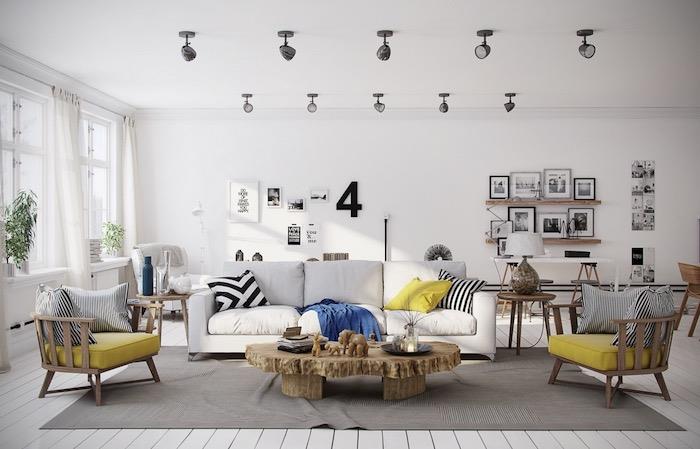 Skandinavski slog v preprostem in elegantnem nordijskem dekorju nordijske dnevne sobe v beli in rumeni barvi