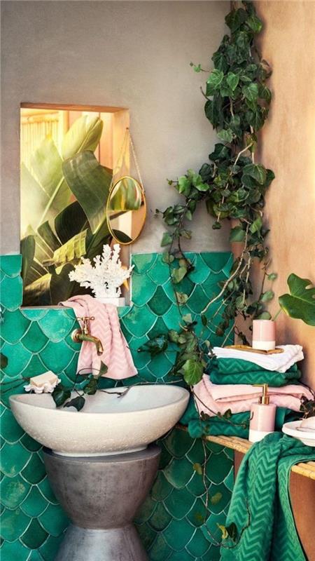 Deniz kızı mavi-yeşil fayanslar, güzel modern duvar dekorasyonu, çağdaş banyo çıkartmaları