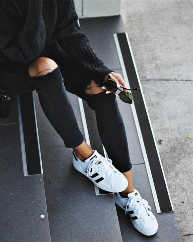 lepe-ideje-bele-čevlje-ideje-obleke-totalno črne