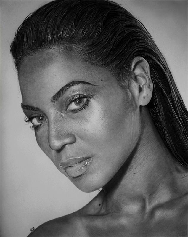 Beyoncé karakalem portre, karakalem ustaları için harika çizim, gerçekçi yüz detayları, çizmeyi öğrenmek için harika çizim
