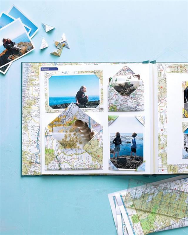 Tuščias puslapis su vasaros atostogų nuotraukomis, pasaulio žemėlapio nuotraukų rėmelis, kaip sudaryti kelionių žurnalą, „scrapbooking“ nuotraukų albumas