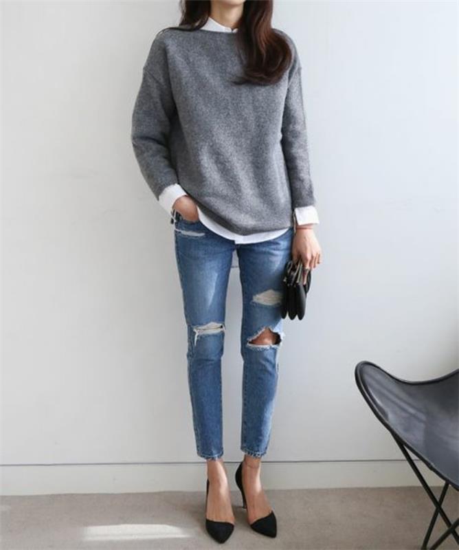 Kaip gerai apsirengti Moterys, suplėšytos džinsinio audinio, pilkas megztinis Kaip gerai apsirengti 2016 m