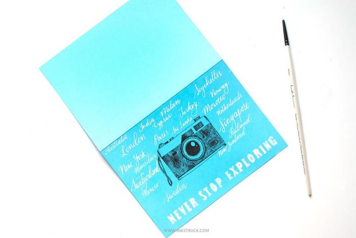 Gelin, una cartolina, cartolina di colore blu, disegno macchina fotografica derleyin