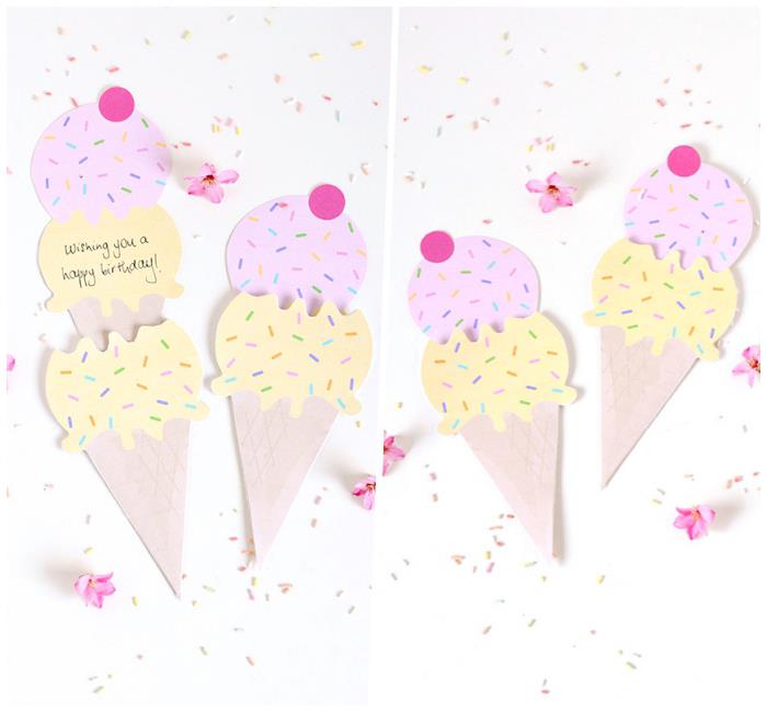 Cartolina forma gelato, scritta su cartolina, auguri personalizzati compleanno