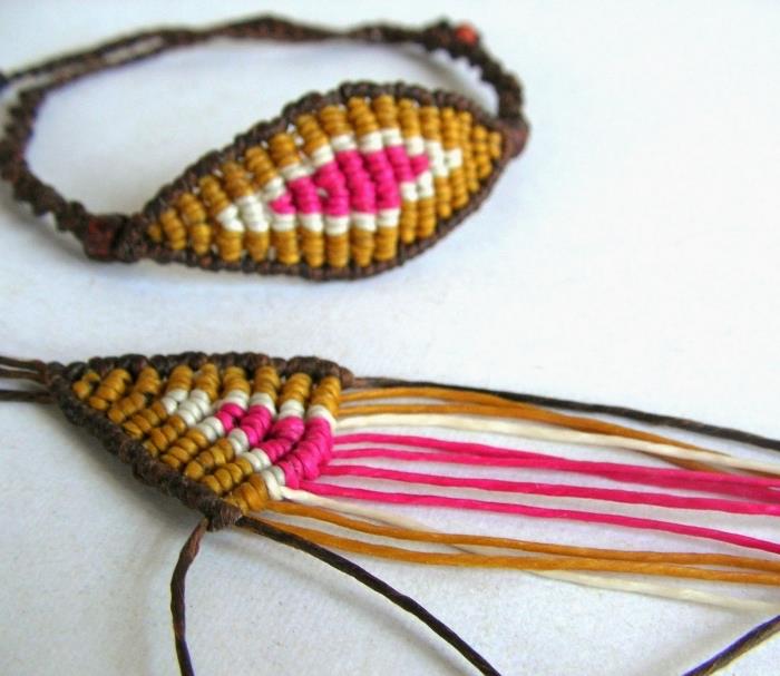 idea zapestnica, spletena v rjavo vrv makrame, ročno izdelan model nakita z vrvjo in vozli iz makrameja