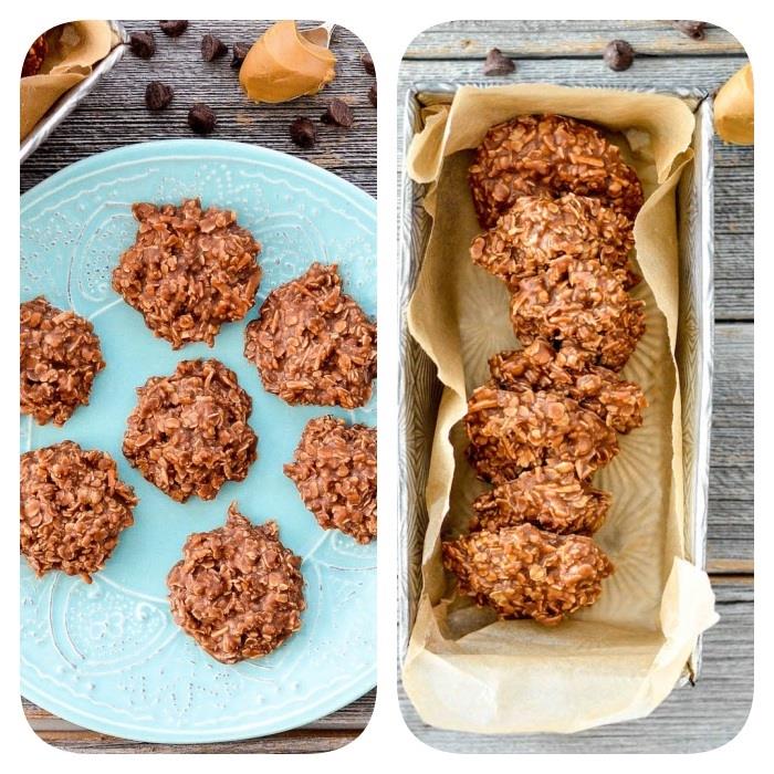 Biscotti velocissimi, teglia con carta da forno, biscotti con fiocchi d'avena, piatto con dolcetti