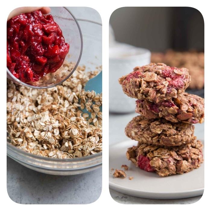 Biscotti colazione leggeri, ciotola con fiocchi d'avena, marmellata di frutta, biscotti all'avena