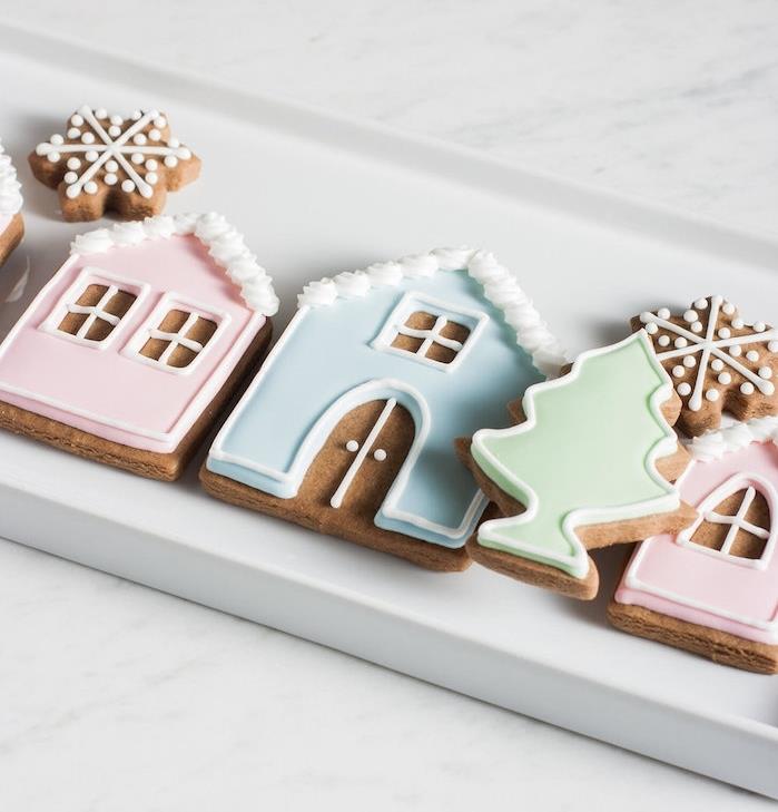 Bir ev, Noel ağacı ve pastel tonlarda renkli buzlanma ile kar şişesi şeklinde zencefilli hamur içinde Noel kurabiyesi