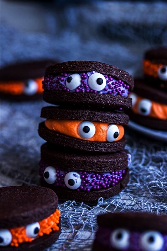 maži monstrai Helovino sumuštinių sausainiai su šokoladu ir oranžine arba purpurine spalvos glajumi, Helovino baisių skanėstų receptas