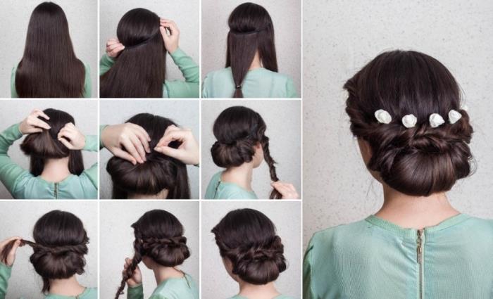 korak za korakom, diy tutorial, pričeske za najstnike, črni lasje, v zvitem nizkem updo, cvetlični dodatki za lase