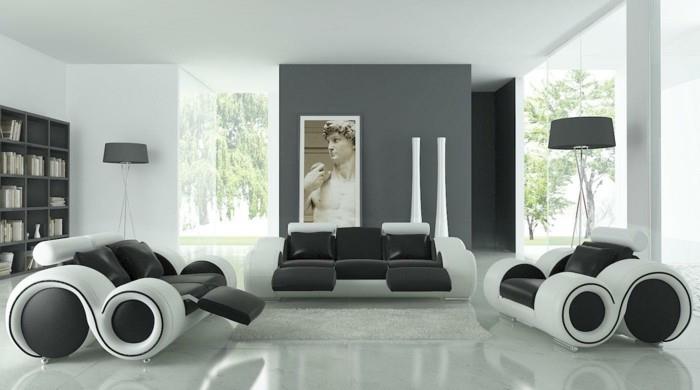 minimalistinis dizainas, juoda ir balta, odinės sofos ir foteliai, pilka siena, spalvos, derančios prie pilkos