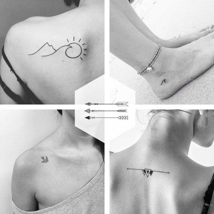 črno -belo, foto kolaž, drobne tetovaže, na gležnju in na hrbtu