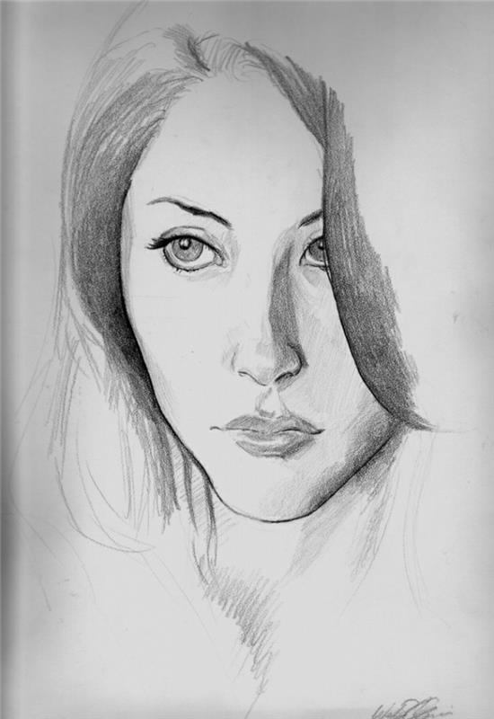 risba dekliškega obraza, črno -bele risbe, velike oči, polne ustnice, belo ozadje