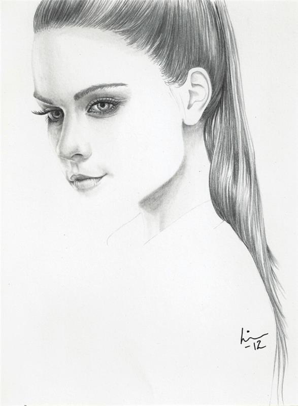 dolg visok čop, črno -bele risbe, belo ozadje, risba profila deklice
