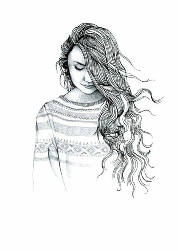 desenli bluz, uzun dalgalı saç, siyah beyaz eskiz, anime kızı nasıl çizilir