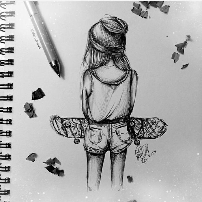 skateboard girl, črno -bela skica, kako narisati anime punco, bela skica in pero