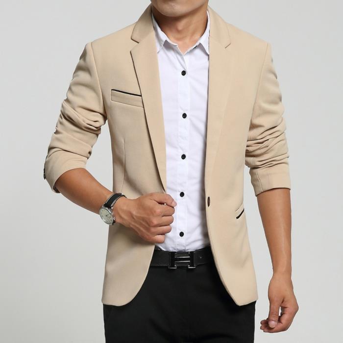 kokias spalvas dėvėti vyriškam verslo įvaizdžiui, baltų marškinių su juodomis sagomis modelis po žemiškos spalvos švarkeliu