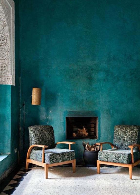 sieniniai dažai anties mėlynos spalvos su retro efektu, rytietiškas interjeras jūros žalia