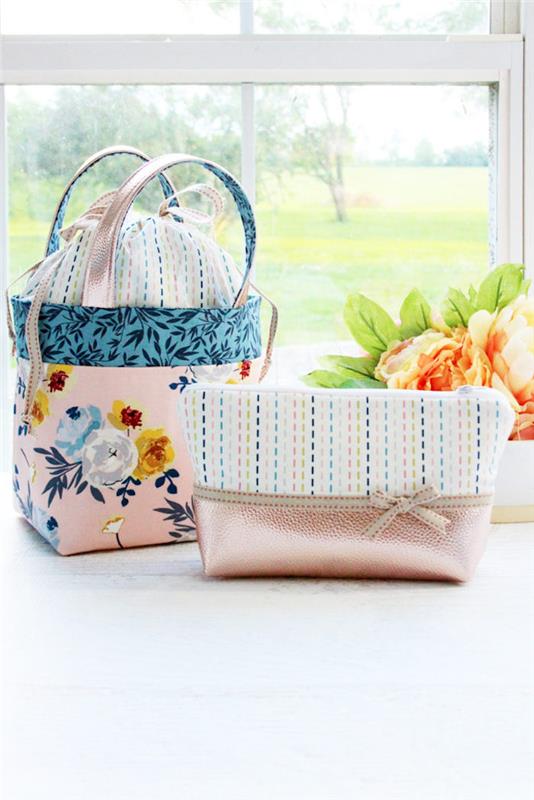 Pembe çiçekli kumaş çanta, dikiş anlatımı, kendin yap kumaş çanta modelleri, kumaştan alışveriş çantası yapma fikri