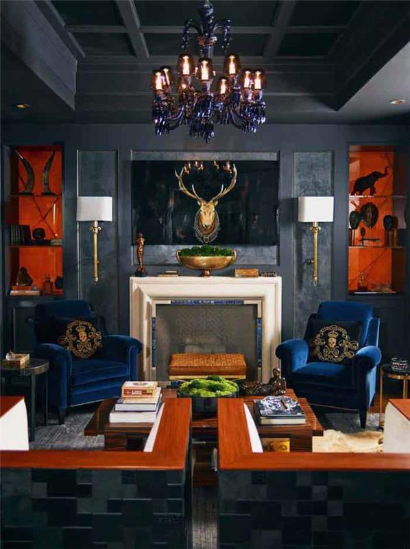 mavi koltuk ve gri duvarlar barok avize dekoratif tavan siyah duvar rengi nasıl ilişkilendirilir