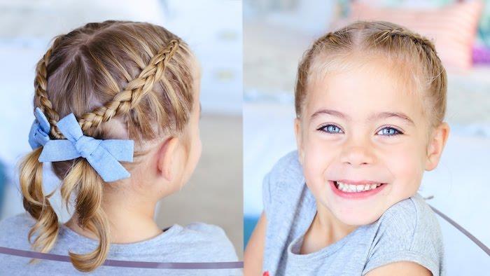 Žavinga vidutinio plauko šukuosenos idėja, dvi pynės afrikietiška pynė ir mėlyni drugeliai, šukuosena mergaitei, sukurkite šukuoseną savo dukrai