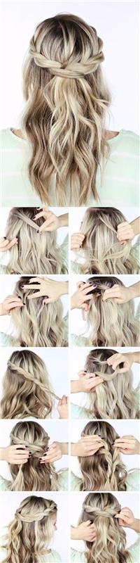 korak za korakom, diy vadnica, polovično navzgor, na pol navzdol, dve pletenici, dolgi valoviti lasje, enostavni updos za dolge lase, blond lasje