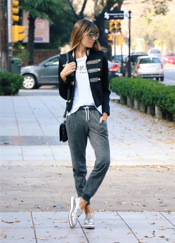 beyaz bluz siyah blazer gümüş metalik spor ayakkabı koyu gri kadın koşu pantolonu