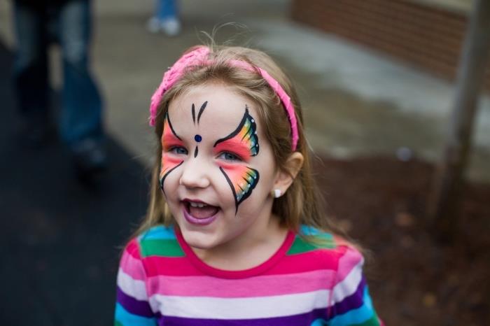 Naučite se enostavno narisati metulja na otroški obraz s šablono in barvo za obraz, preprosta ideja za ličenje otrok