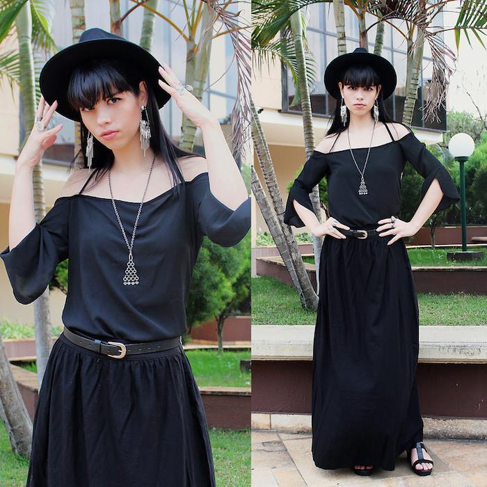 siyah elbiseli cadılar bayramı cadı kostümü, siyah şapka, üçgen kolye, dev küpe, sihirbaz kostümü