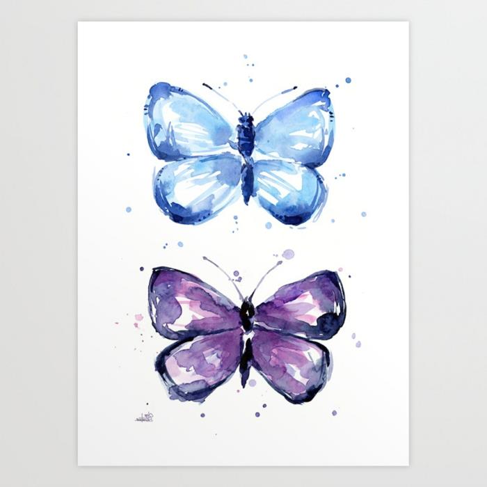 Akvarelinė tapyba mėlyna ir violetinė drugelių nuotrauka, kaip nupiešti drugelį, kurį lengva atsekti