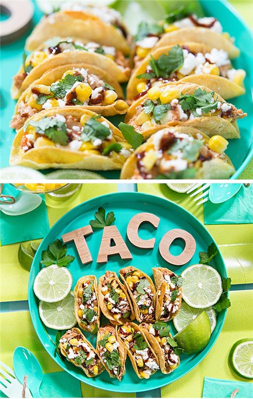 mini tacos, išdėstytos turkio spalvos, apvalus padėklas, jautienos taco receptas, laimo skiltelės šone