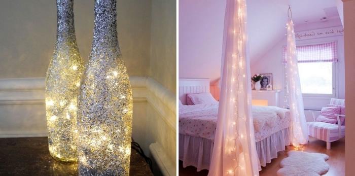 Peri çelenk kavanozları ve gümüş parıltılı boya ile DIY parlak yatak odası dekoru